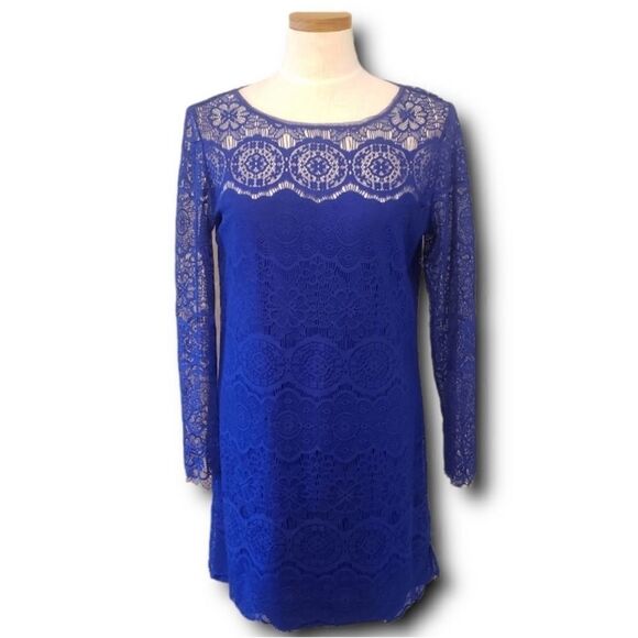 Max Studo Scalloped Hem Lace overlay Shift Dress royal Blue women’s Small - Picture 2 of 16